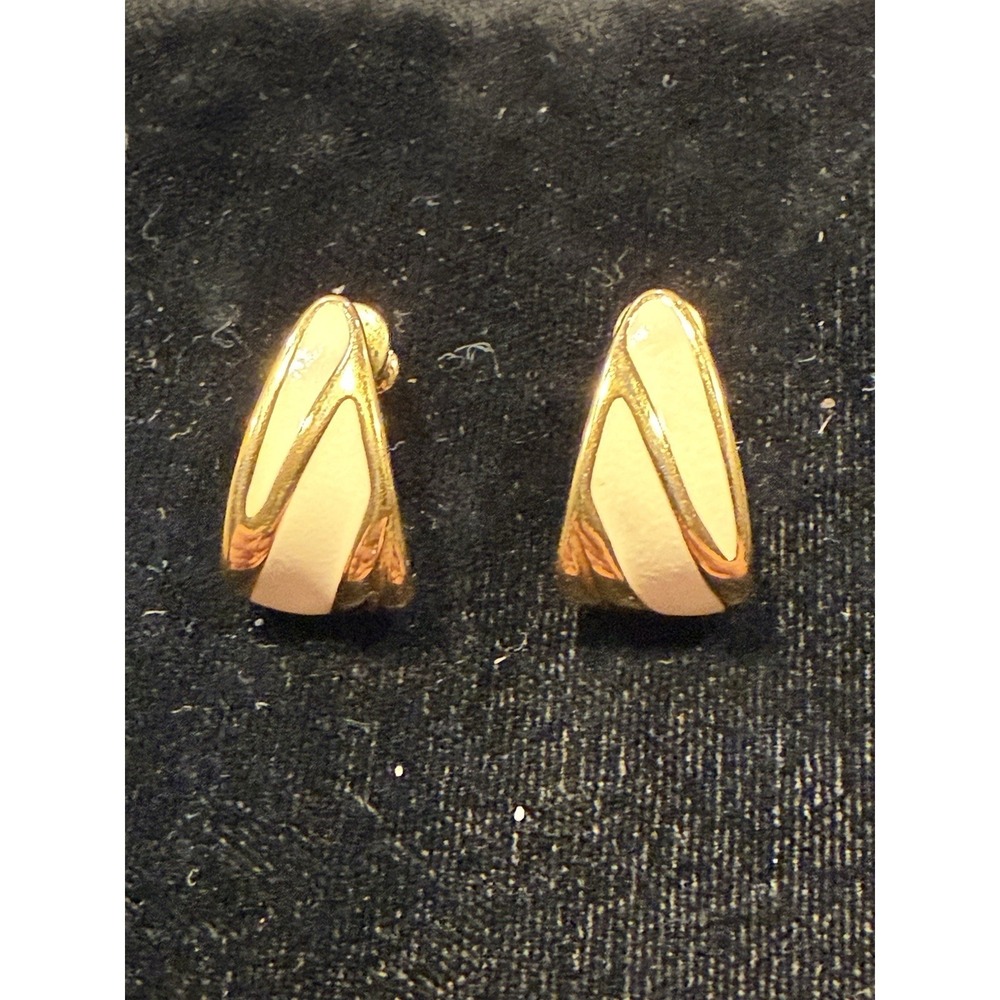 Vintage Monet Earrings Gold Tone with Beige Enamel Post Style